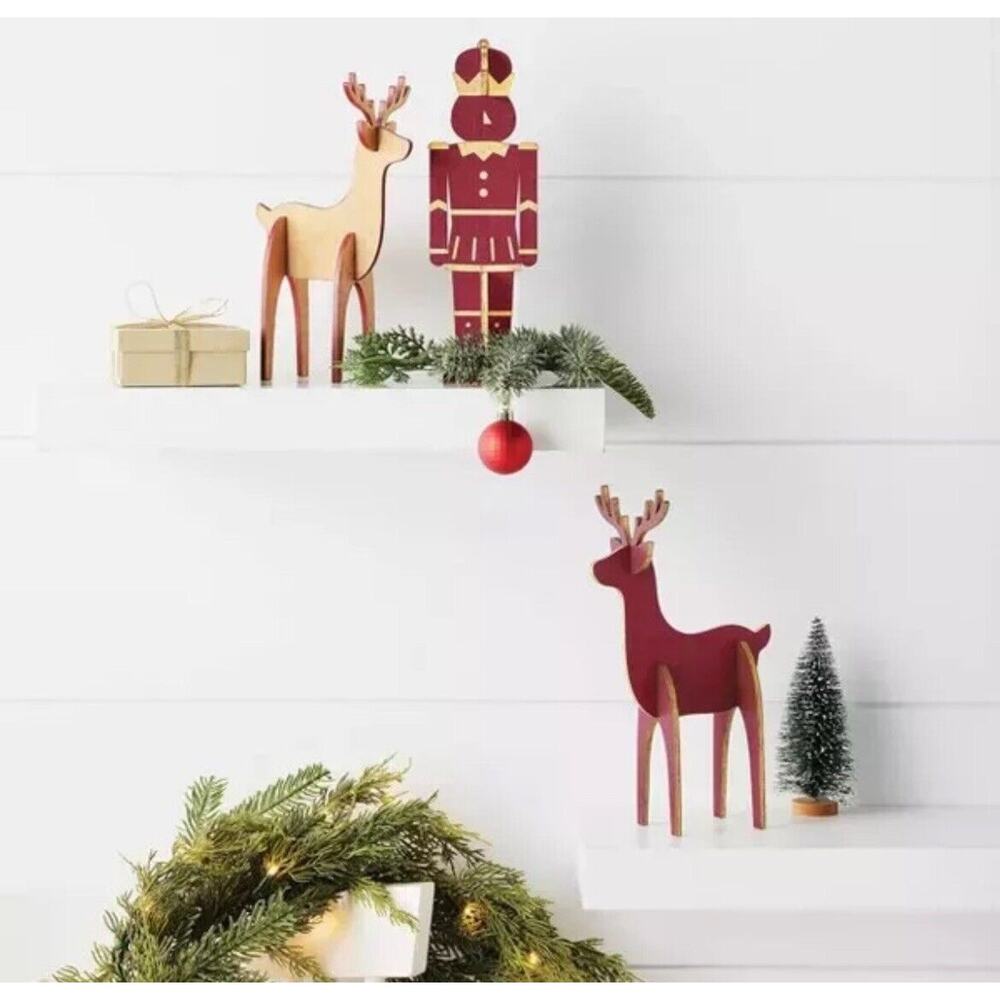 Wondershop 3pc Wood Nutcracker and Reindeer Christmas Character Set Red/Gold